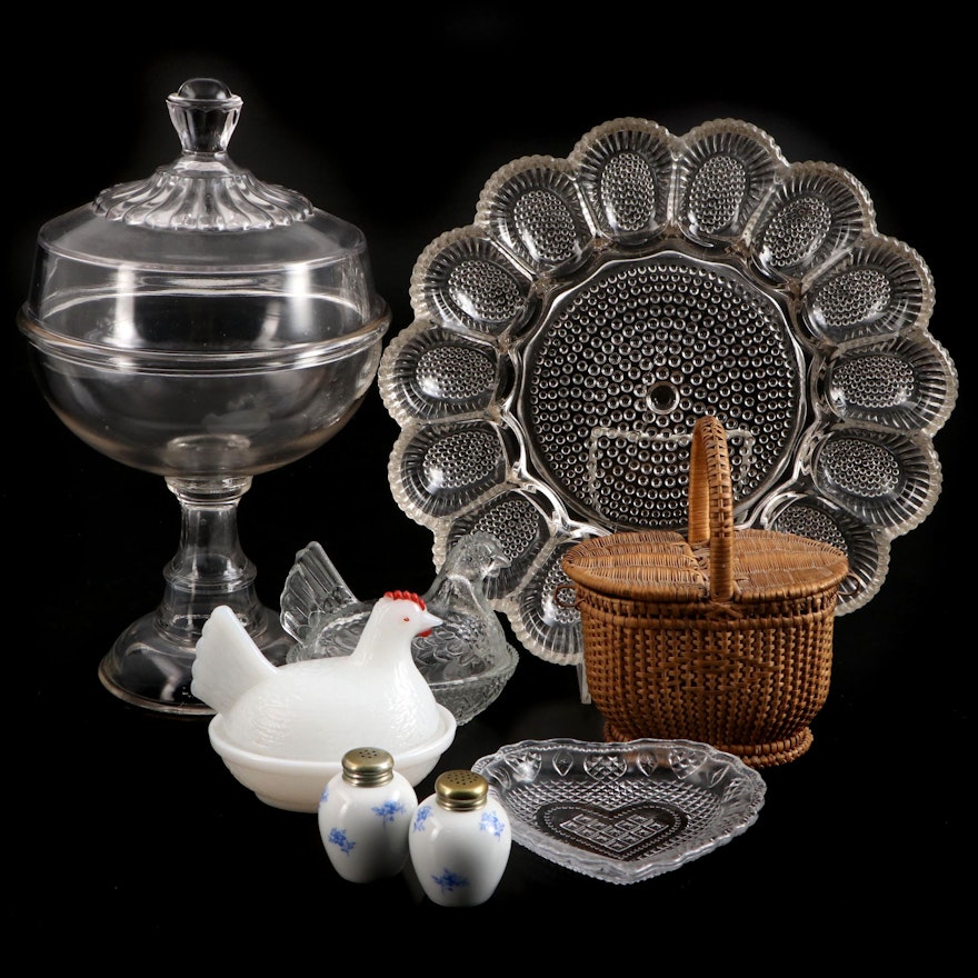 EAPG Compote with Hobnail Egg Dish and Other Tableware