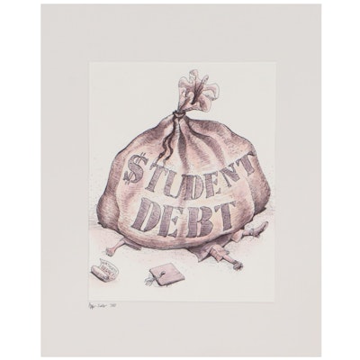 Aaron Wooten Ink and Watercolor Political Cartoon "Student Debt," 2010