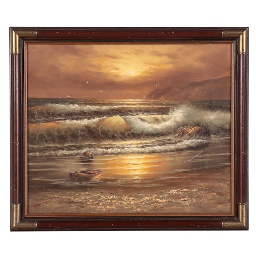Stevens Seascape Oil Painting of Crashing Waves, Late 20th Century