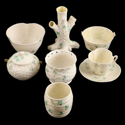 Belleek Porcelain "Shamrock"  Tree Vase and Other Table Accessories