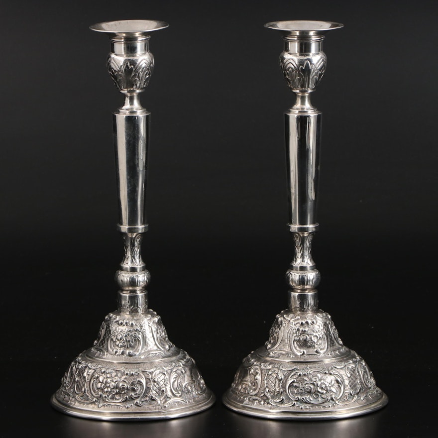 German 800 Silver Baroque Style Repoussé Candlesticks