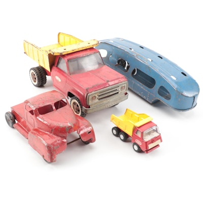 Tonka with Other Metal Toy Trucks and Trailer, Mid-20th Century