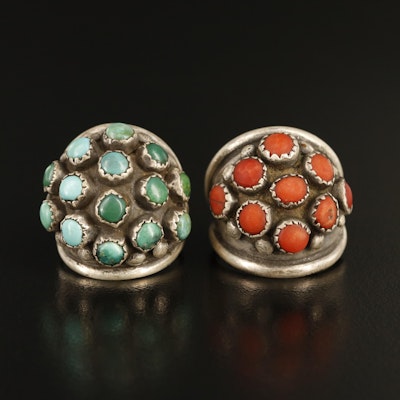 Vintage Sterling Domed Rings Including Coral and Turquoise