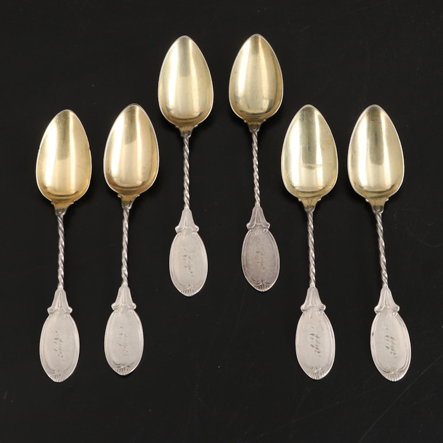Gold Washed and Twist Stem Coin Silver Demitasse Spoons, Late 19th Century