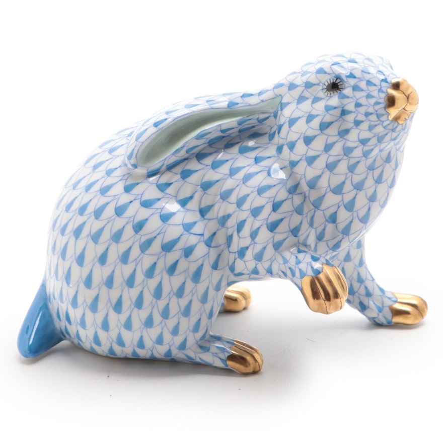 Herend Blue Fishnet with Gold "Rabbit with Paw Up" Porcelain Figurine
