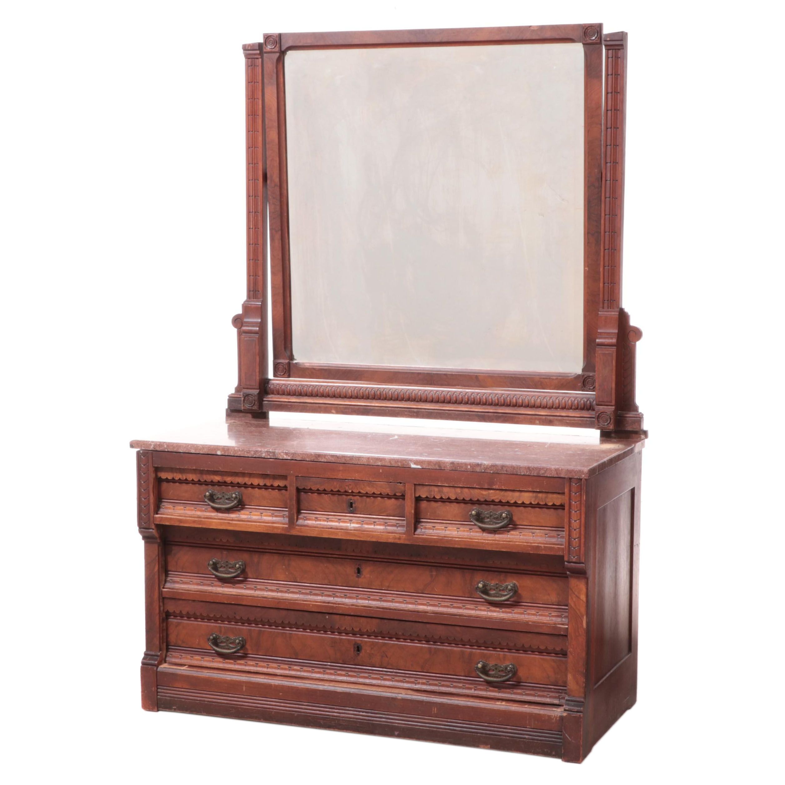 Victorian Eastlake Marble Top Walnut Dresser with Mirror, Late 19th
