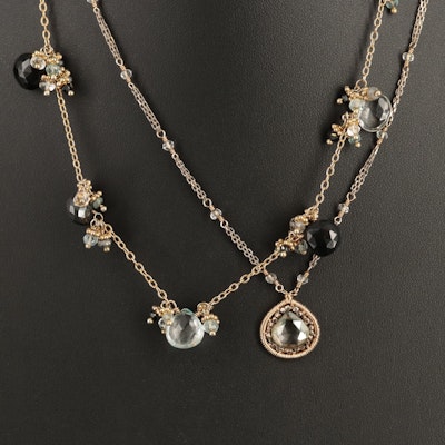Black Onyx, Aquamarine and Labradorite Station Necklaces
