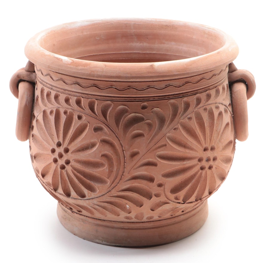 Art Pottery Carved Terracotta Planter with Drop Ring Handles