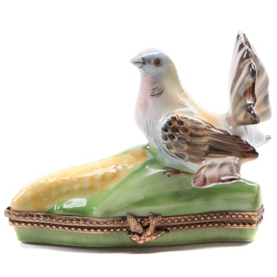Bird on Corn Cob Hand-Painted Porcelain Limoges Box