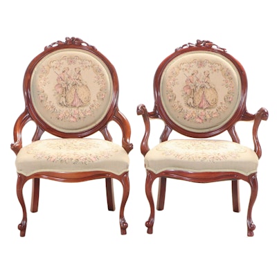 Victorian Style Carved Mahogany Lady's and Gentleman's Parlor Chairs, 1950s