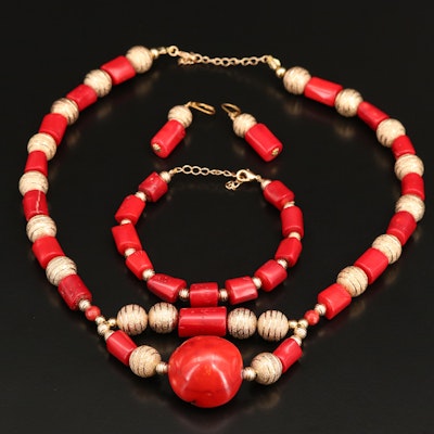 Vintage Coral Bead Necklace, Bracelet and Earrings