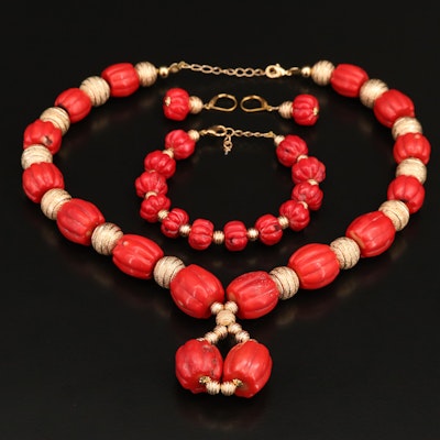 Gold-Filled Coral Fluted Bead Necklace, Bracelet and Earrings