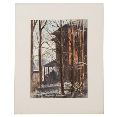 James DeVore Watercolor Painting of Winter Yard, Late 20th-21st Century