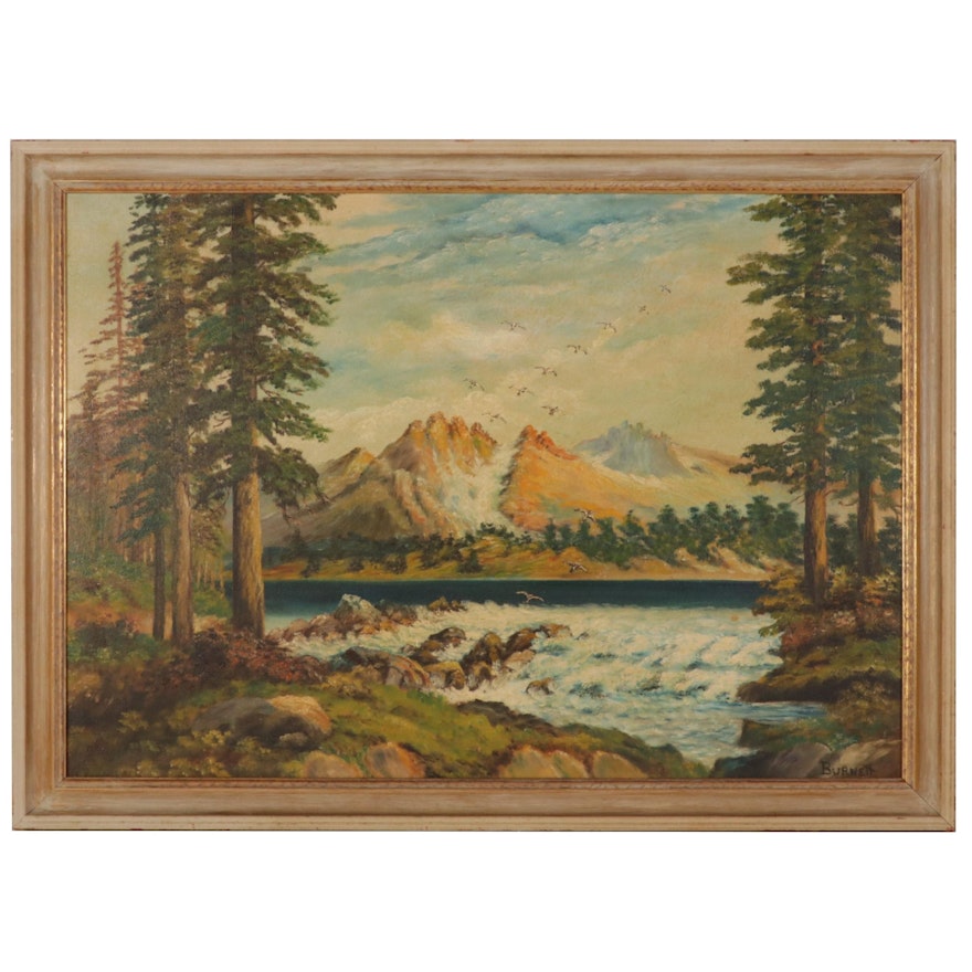 Landscape Oil Painting of Mountain Valley Shore, Circa 1955