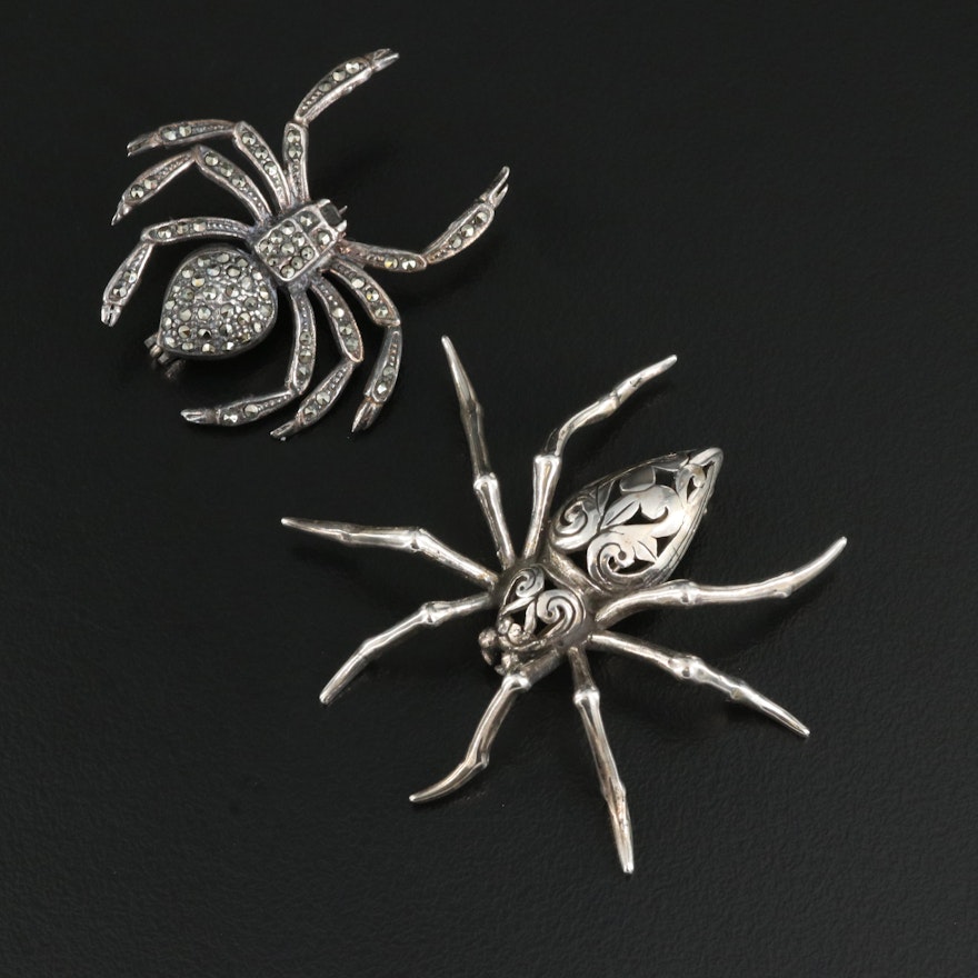 Sterling Spider Brooches Including Marcasite