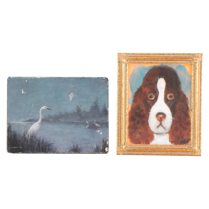 Oil Paintings of Dog Portrait and Cranes on the Water, Circa 1997