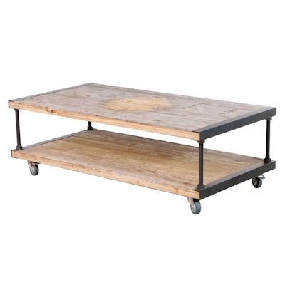Industrial Style Iron and Pine Rolling Coffee Table
