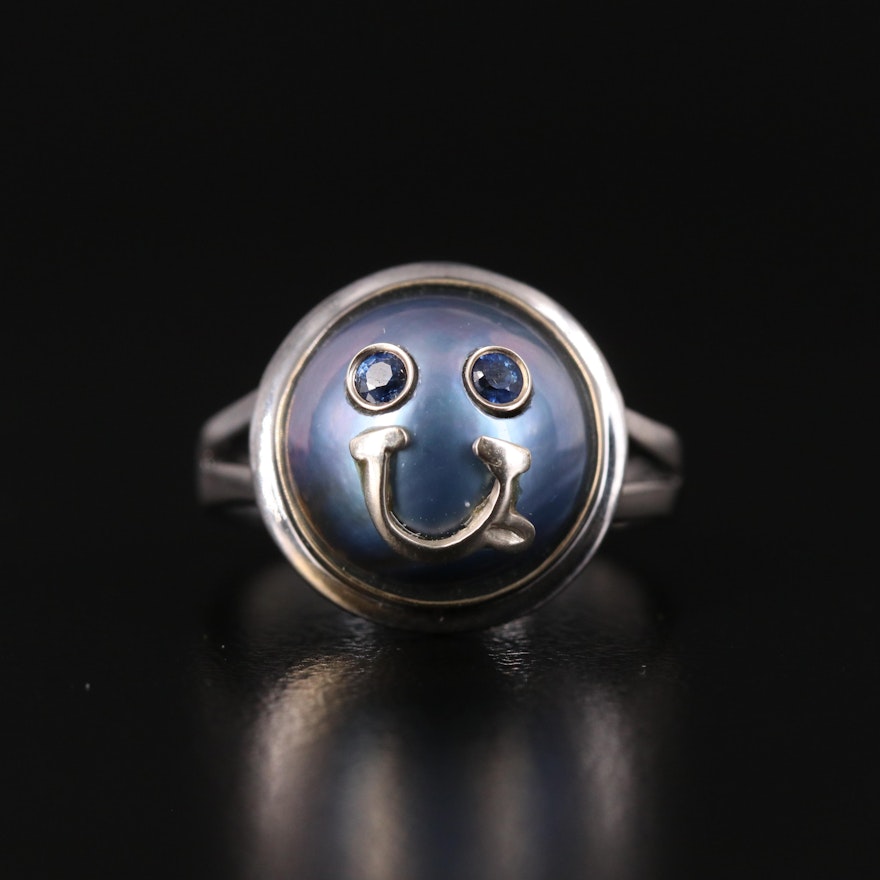 18K Pearl and Sapphire Smiley Face Ring