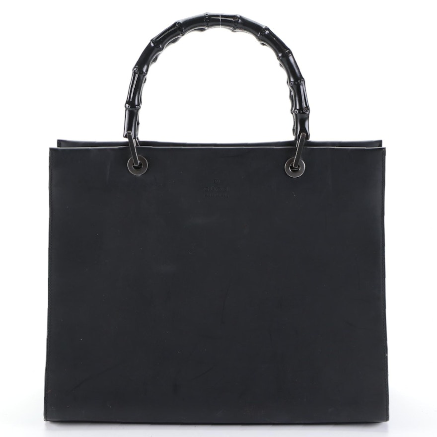 Gucci Bamboo Structured Tote Bag in Matte Black Leather