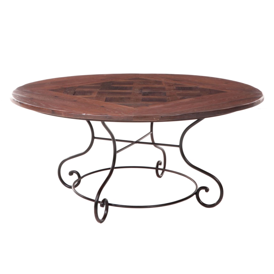 French Oak Parquet Top Dining Table on Wrought Iron Base