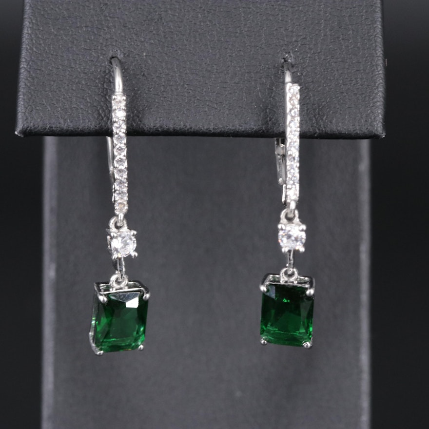 Sterling Silver Emerald and Cubic Zirconia Earrings
