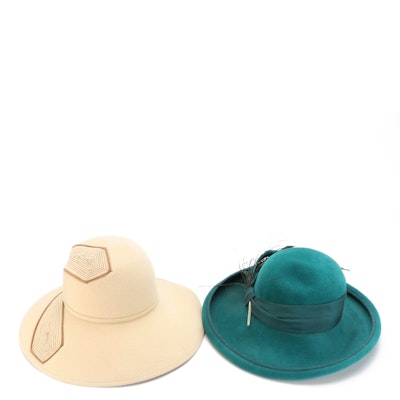 Anita Pineault Felt Brim Hat in Cream and Don Anderson Felt Hat with Feathers