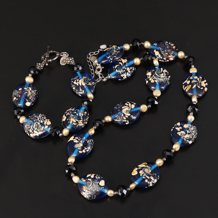 Donna Dressler Art Glass Necklace and Bracelet Set with Pearls