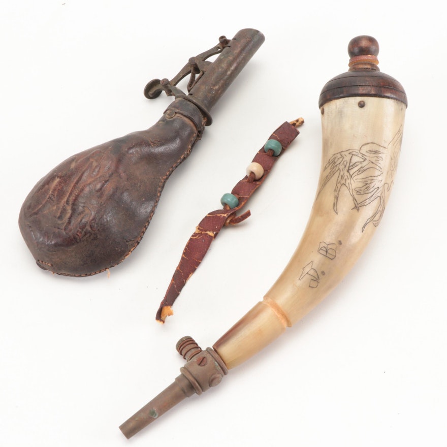 Carved Powder Horn and Powder Flask with Beaded Strap