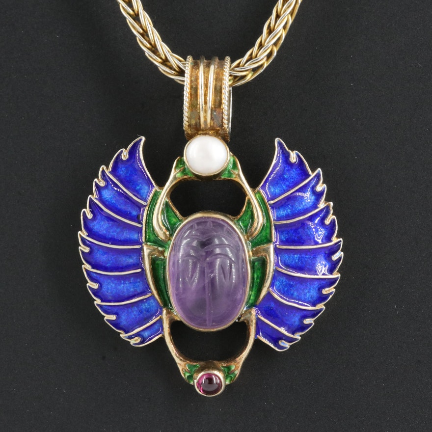 Sterling Scarab Pendant Necklace with Amethyst, Rhodolite Garnet and Pearl
