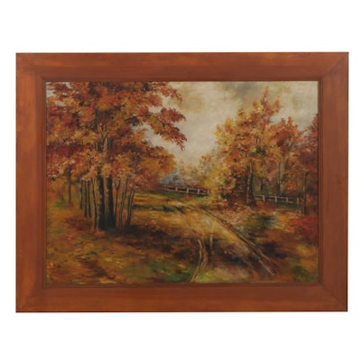 R. Marquis Landscape Oil Painting of Autumn Country Road, Early-Mid 20th Century