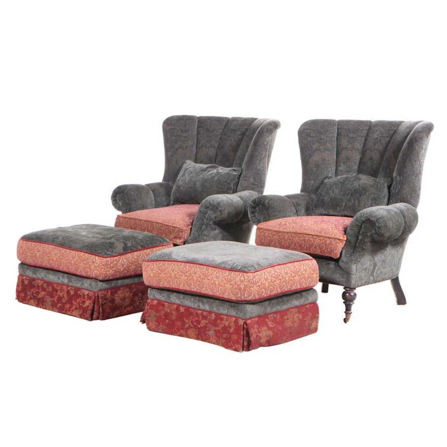 Two Carol Hicks Bolton for EJ Victor Custom-Upholstered Wing Chairs and Ottomans