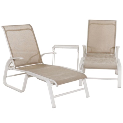 Two Metal Frame Patio Chaise Lounge Chairs and Side Table, 21st Century