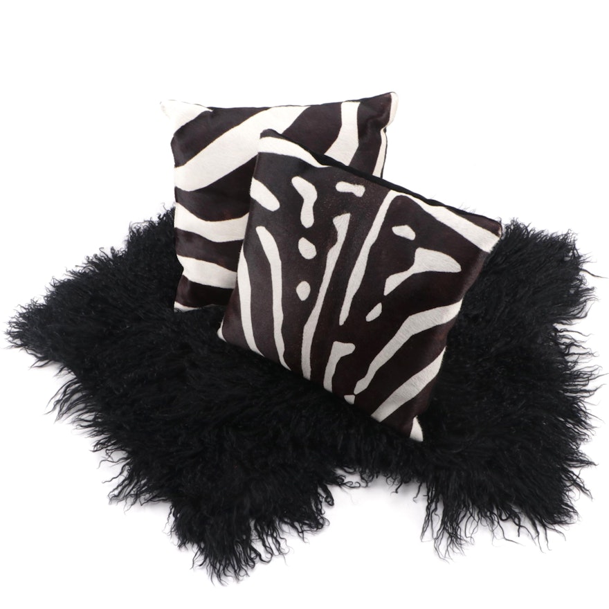Zebra Print Calfskin Decorative Pillows and Tibetan Lamb Pelt Pillow Covers