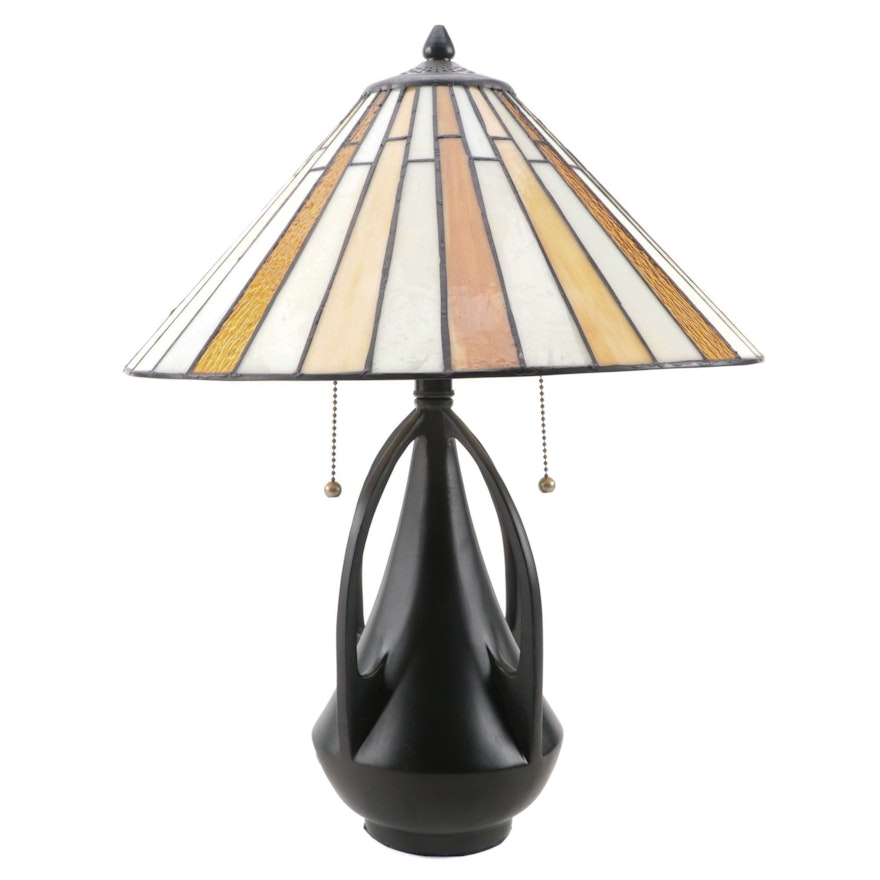 Art Nouveau Style Lamp With Mission Style Slag Glass Shade Table Lamp, 21st C