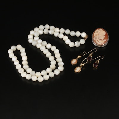 Mother-of-Pearl Necklace with 14K Clasp and Shell Cameo Converter Brooch
