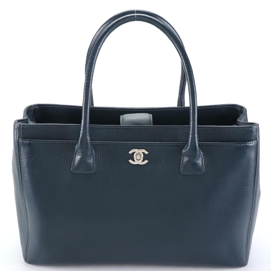 Chanel Cerf Executive Medium Tote in Blue Grained Leather with CC Turnlock