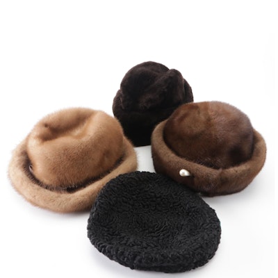 Mink Fur, Persian Lamb Fur, and Dyed Mouton Fur Hats with Hat Box