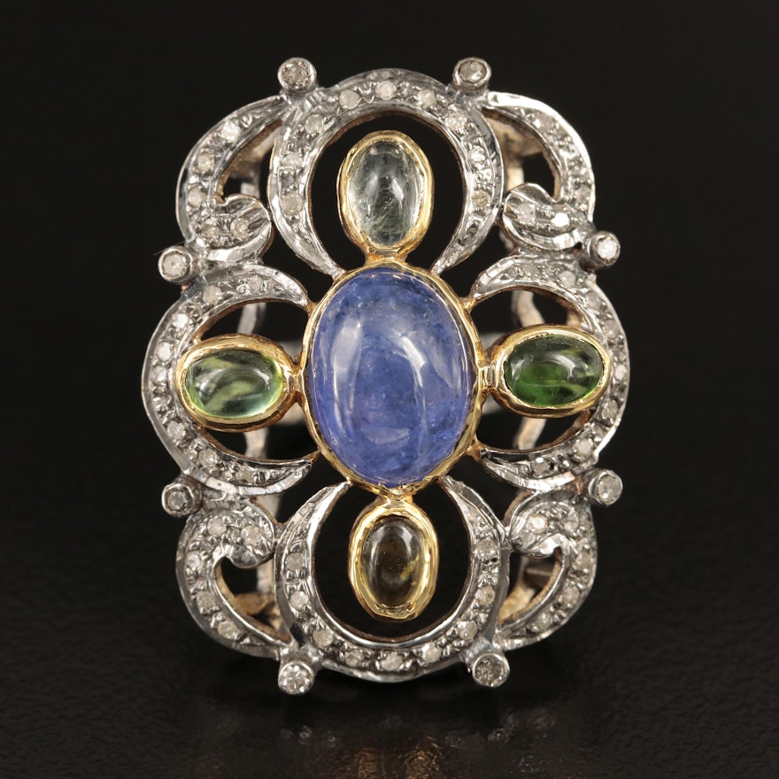 Sterling Tanzanite, Aquamarine and Diamond Ring