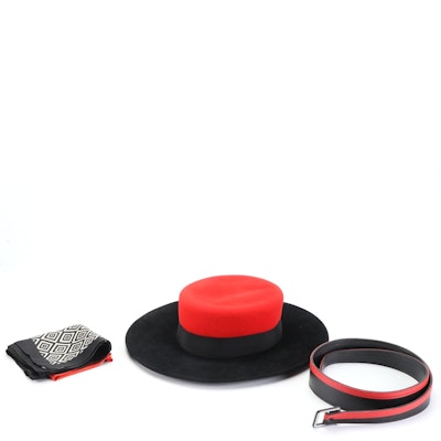Frank Olive Red/Black Fur Felt Bolero Hat, Adolfo Scarf, Other Belt with Box