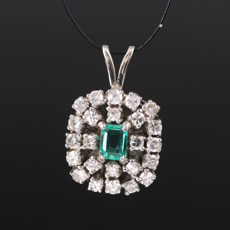 Vintage Silver and Palladium Alloy Emerald and Diamond Pendant