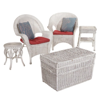 White Wicker Patio Chairs, Side Tables and Chest