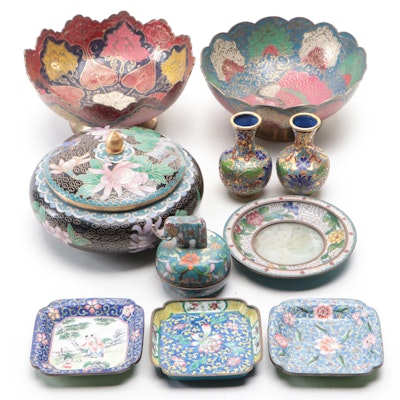 Chinese Cloisonné Enamel Plates, Bowls, Lidded Dish and More