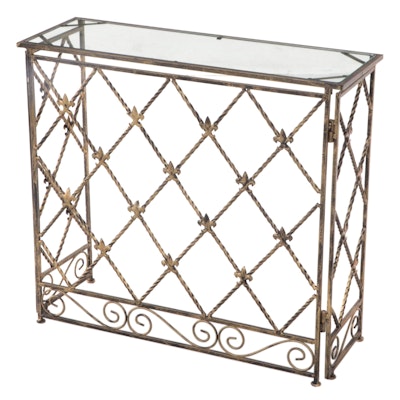 French Style Folding Metal Console Table with Glass Top