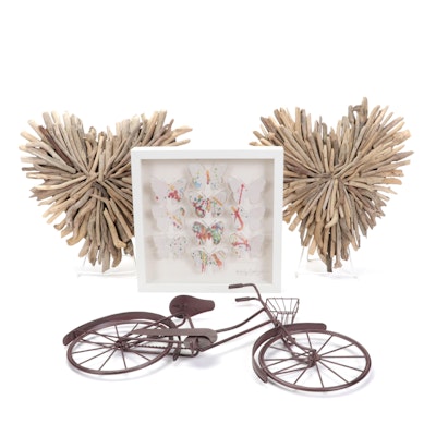 Driftwood Heart Wall Hangings, Framed Paper Butterflies, and Metal Bicycle Decor