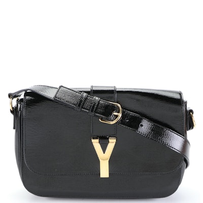 Yves Saint Laurent Chyc Flap Shoulder Bag in Black Patent Leather
