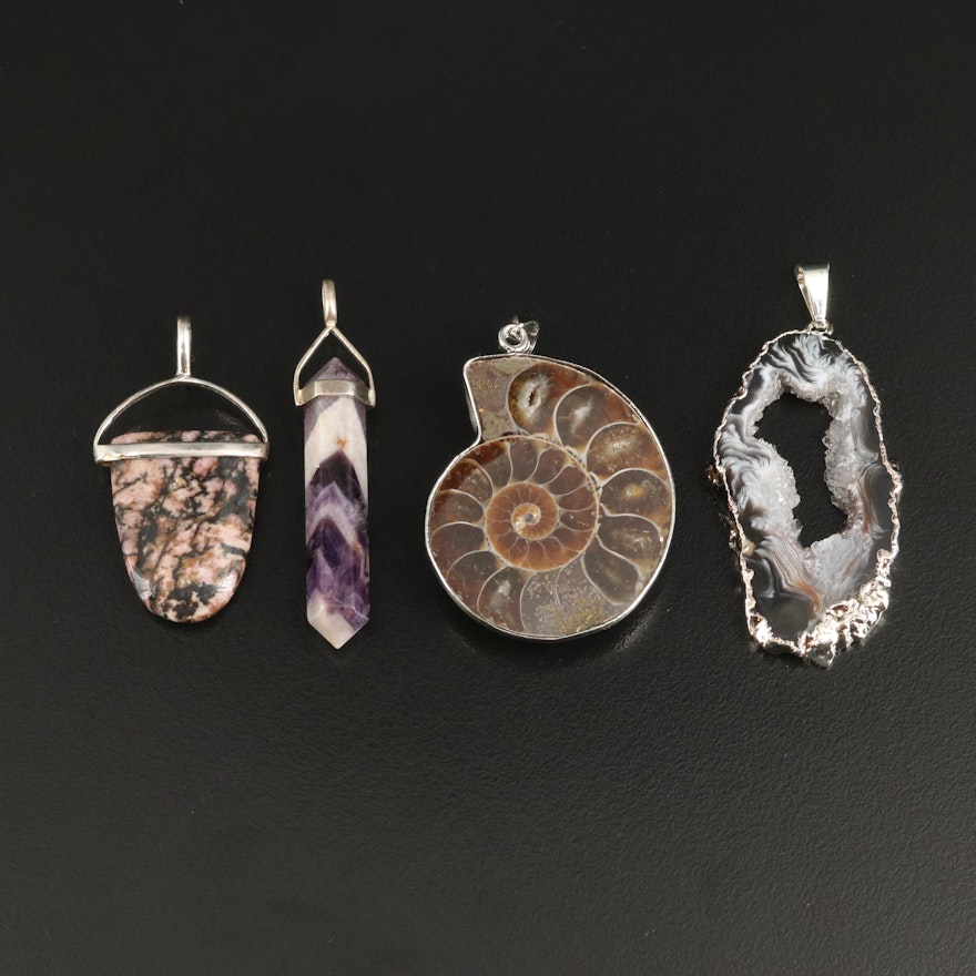 Pendants Including Sterling, Ammonite, Geode and Amethyst