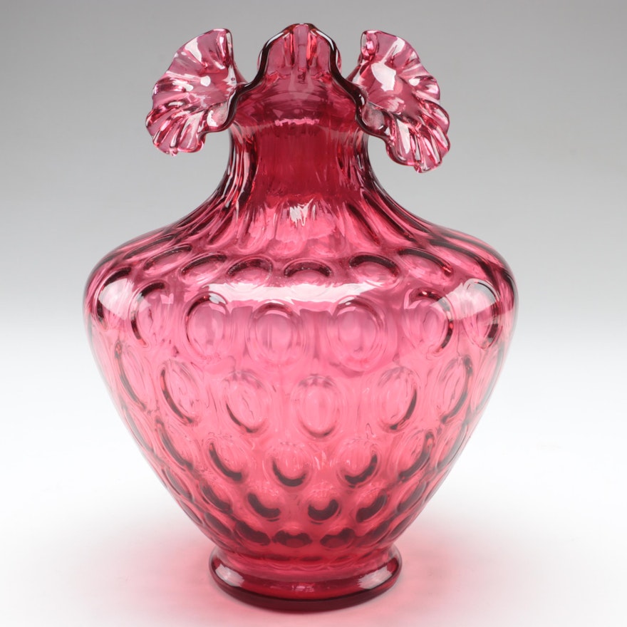 Fenton Dot Optic Cranberry Crimped Edge Glass Vase, Late 20th Century