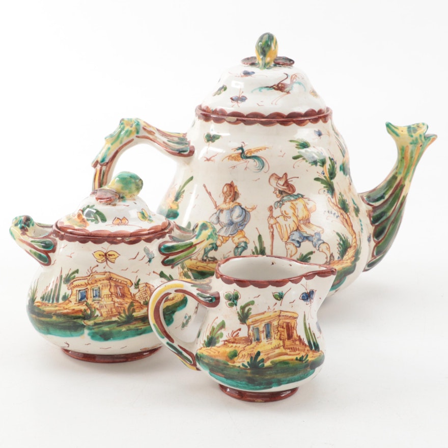 La Casa Dell'Arte Italian Ceramic Teapot, Creamer and Sugar, Early 20th Century