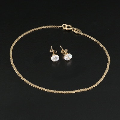 Italian 14K Serpentine Chain Bracelet and Cubic Zirconia Stud Earrings