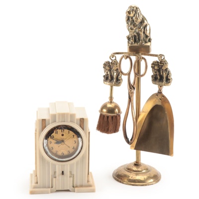 Spaniel Brass Fireplace Companion Set with Telechron B-2 Art Deco Clock